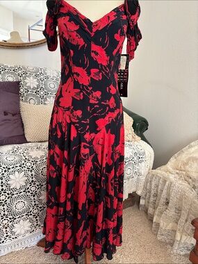 Vintage 80s Black Maxi Dress with Red Floral Print and Lace Up Back ooh la la!